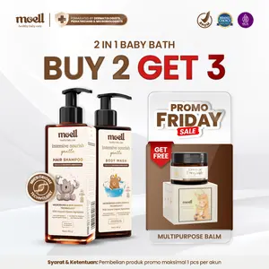 BELI 2 DAPAT 3 Moell Bundles Baby Bath Gentle Body Wash 185gr & Shampoo 185gr FREE Balm 30gr- Sabun & Sampo Bayi Anak Kulit Kering & Sensitif - Skincare Anak dengan Microbiome Teknologi Diformulasikan Oleh Dokter - Skincare Bayi