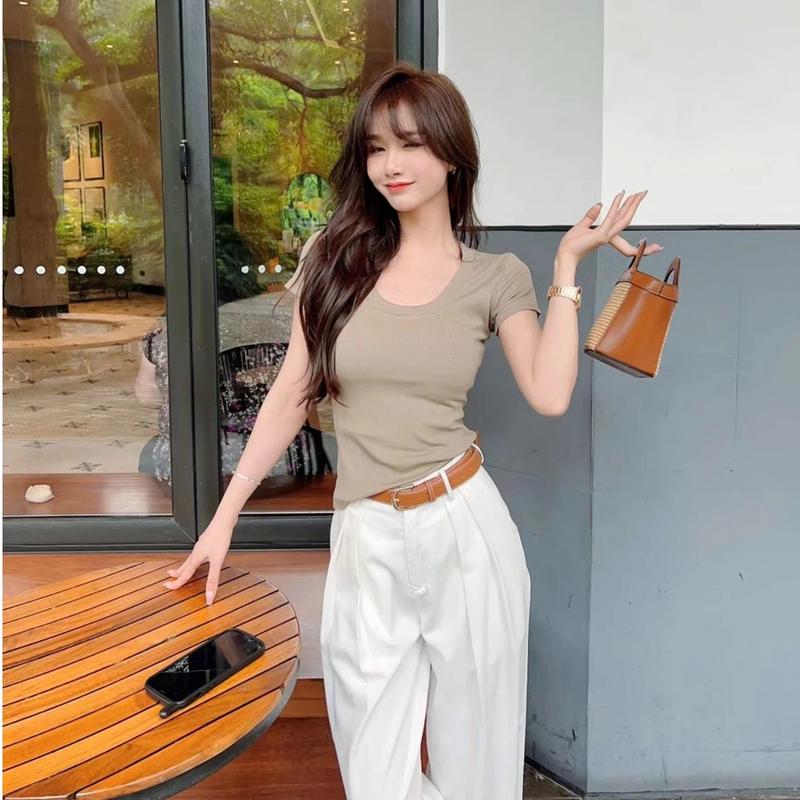 Kaka Women's Basic Department Ceiling U Neck Knit T-Shirt Slim Straight Shoulder Short Sleeve Tops for Women 2