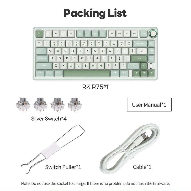 Product Introduction of RK ROYAL KLUDGE R75 Mechanical Keyboard Wired with Volume Knob, r75% TKL Custom Gaming Keyboard Gasket Mount RGB Backlit with Software, Hot Swappable Silver Switch, PBT Keycaps 14