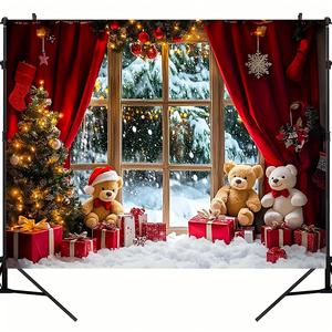 1 pieza de Banderín de Fondo Navideño con Material de Poliéster, Presentando Cortinas, Árbol de Navidad y Escena Nevada, Perfecto para Decoración de Fiesta Navideña y Accesorios de Fotografía