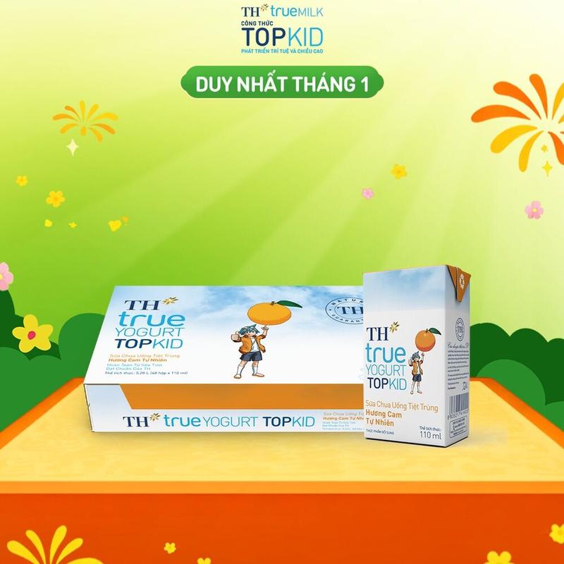 Thùng 48 hộp sữa chua uống tiệt trùng TH true YOGURT TOPKID hương dâu cam dâu-chuối-lúa mạch tự nhiên 110 ml 110 ml x 48