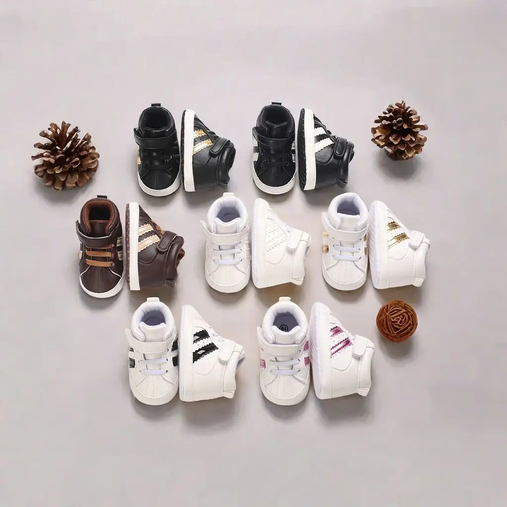 HCUT Casual Comfort Baby Striped Soft-soled Sneakers Leather Baby Shoes Newborn Shower Shoes Boys Fashion Flat Basketball Shoes First Walking Shoes