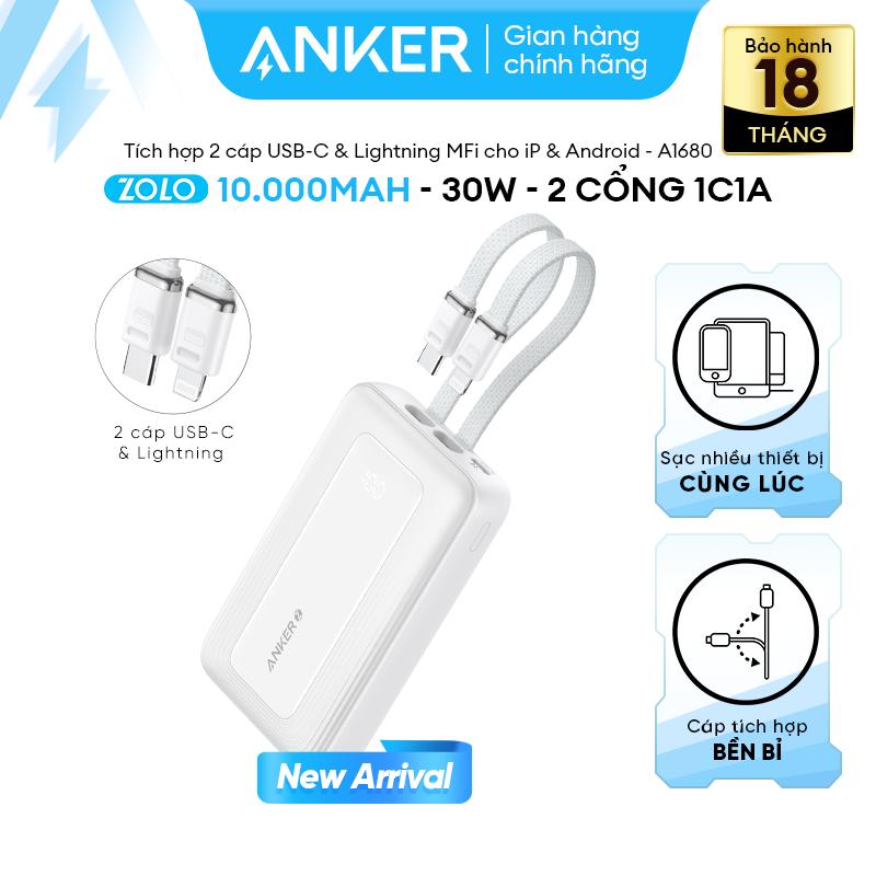 Sạc dự phòng Anker Zolo 10.000mAh 30W | Tích hợp sẵn 2 cáp USB-C 30W & cáp Lightning đạt MFi 27W | 2 cổng 1C1A hỗ trợ sạc nhanh cho iPhone Android | Sạc nhanh nhiều thiết bị cùng lúc - A1680