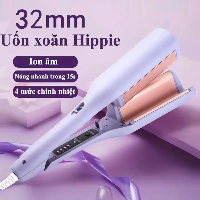 Máy Uốn Tóc Hippie 32mm Làm Tóc Xoăn Sóng Nước 5 Mức Nhiệt Chất Liệu Gốm Sứ Ceramic Cao Cấp Có Ion Âm Bấm Tóc Gợn Sóng