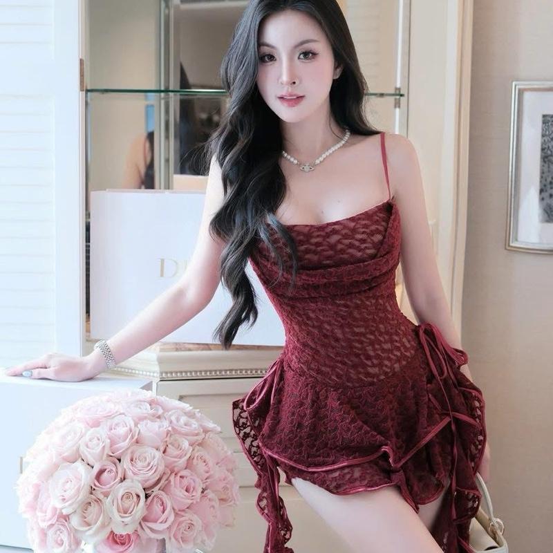  Váy 2 dây cổ đổ ren dáng xoè tầng phối tua rua 