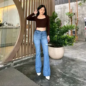 Jennie Cutbray Lipatan Besar Bahan Soft Jeans Terbaru Blue Washed Korean Style Cutbray Jeans Flare Terbaru untuk Tampilan Modern Wanita