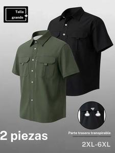 Camisa casual de verano para hombre talla grande, camiseta de manga corta con múltiples bolsillos, detalles con cremallera, espalda transpirable, tejido elástico, ideal para actividades al aire libre y para el trabajo/desplazamientos