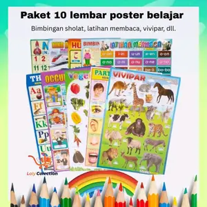 Paket Hemat 10 Lembar Poster Edukasi Anak Belajar Angka, Hewan, Latihan Membaca, Profesi Pekerjaan dll
