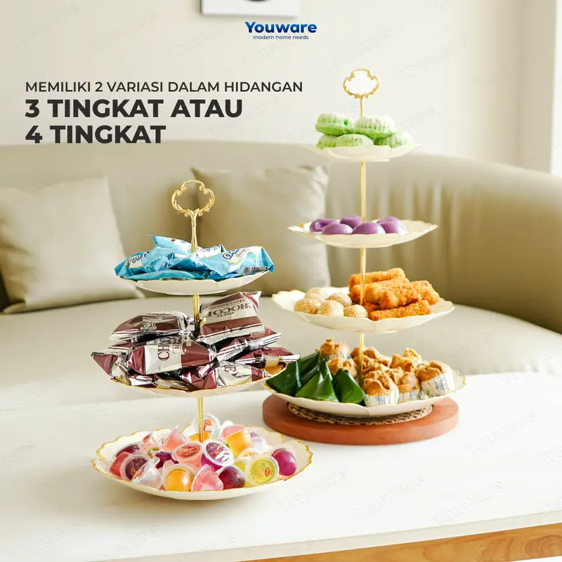 YOUWARE - Hayse Rak Kue Susun 3 Tingkat / 4 Tingkat Detachable Plate Cake Stand Display Plastik Piring Saji 3 Tingkat Susun Lepas Pasang dengan Handle Rak Makan Kue Buah Cake Camilan Rak Kue Cake Emas Aesthetic dan Elegan 5