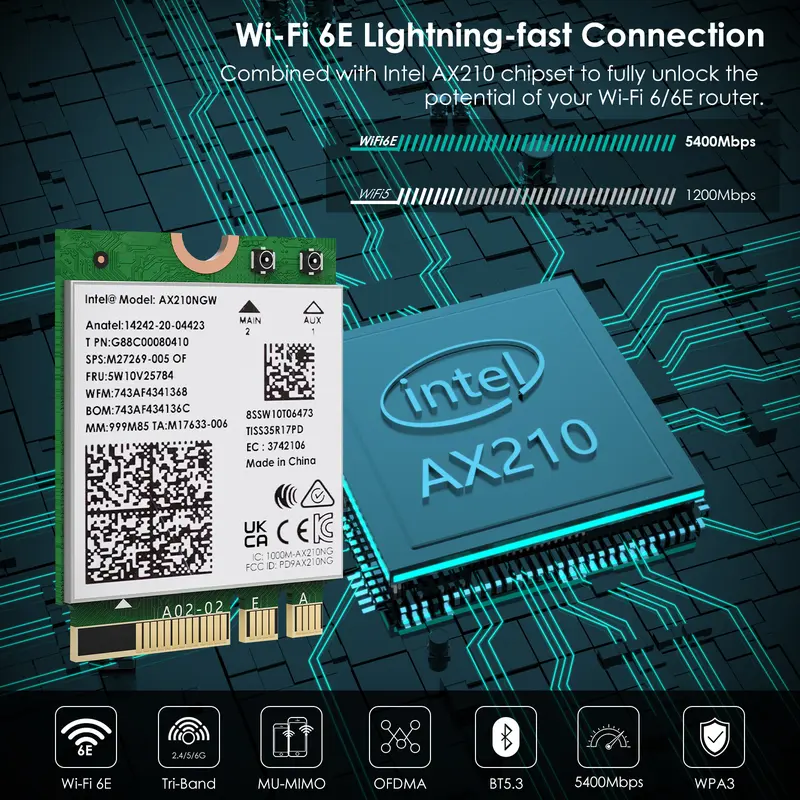 WAVLINK Kartu Nirkabel  WiFi 6E, Adaptor Jaringan Intel AX210 Tri-Band 5400Mbps 2.4GHz / 5GHz / 6GHz dengan Bluetooth 5.3 untuk Laptop, Latensi Sangat Rendah, Mendukung Windows 10 / 11 (64bit) M.2 / NGFF 1