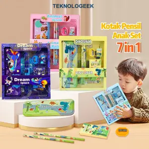 Alat Tulis Set paket Komplit 7 in 1 / Stationery complete lengkap / Kotak Pensil Anak / Souvenir Hadiah kado / Sekolah karakter kartun lucu animal hewan / perlengkapan tulis / tempat pensil