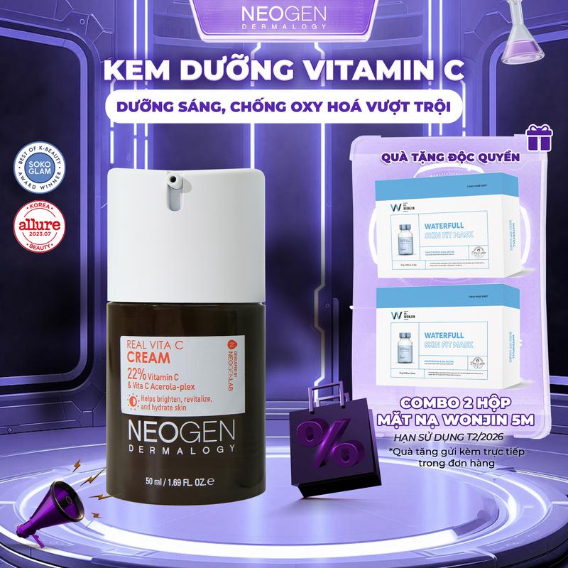 TẶNG 2 HỘP WONJIN HSD 11 2026 Kem Dưỡng Vitamin C Hỗ Trợ Dưỡng Sáng Giúp Chống Lão Hoá Da Neogen Dermalogy Real Vita C Cream 50ml