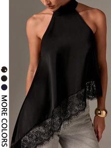 Top halter con ribete de encaje | Estilo euroamericano elegante y chic | Diseño de hombros descubiertos + cuello alto halter | Opción sofisticada para noches festivas / ocasiones formales