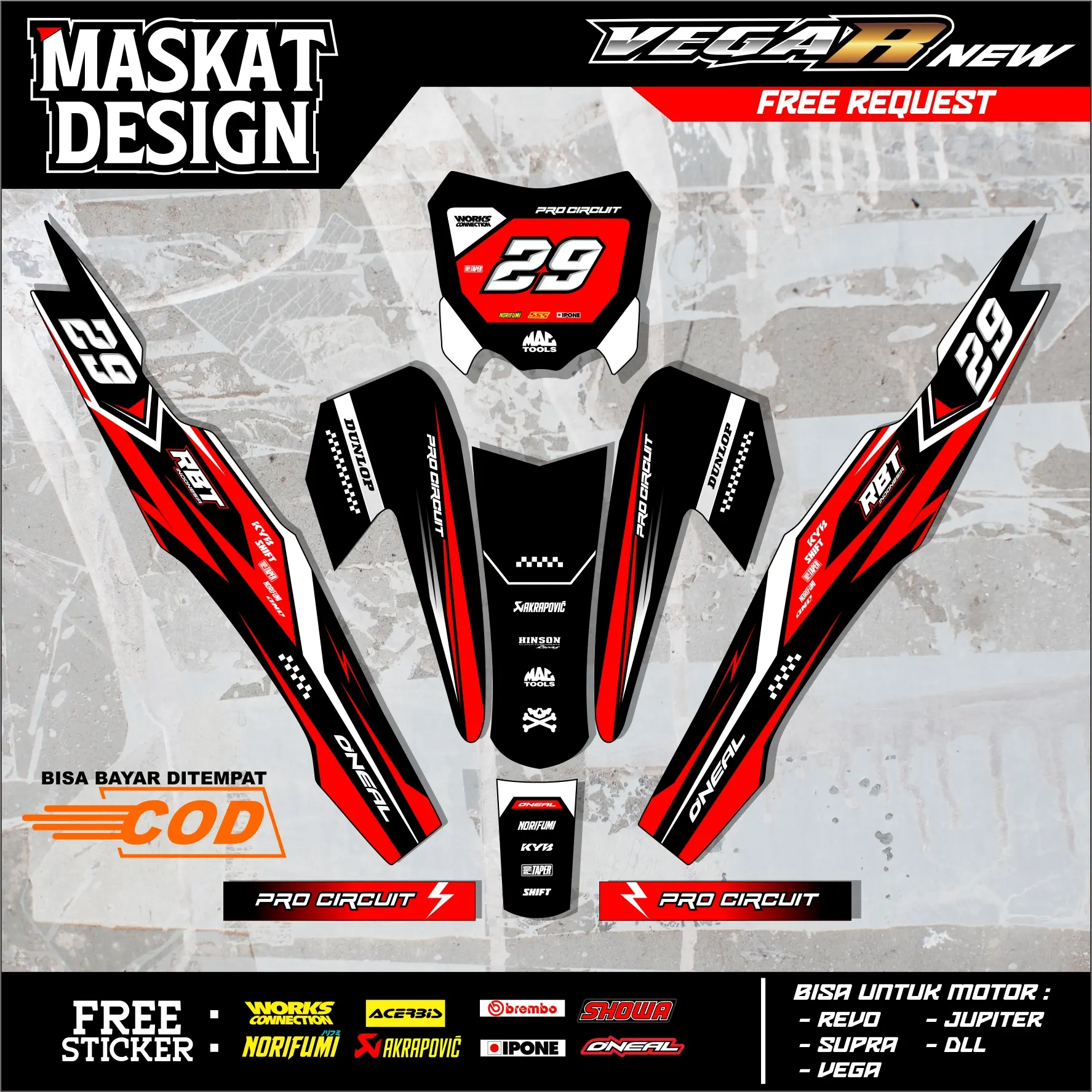 Sticker Motor RBT/GTX VEGA R New: Modif SUPERMOTO YZ CRF KLX KX KTM RBT GTX - Maskat Design 24.02 Motorcycle Glosy