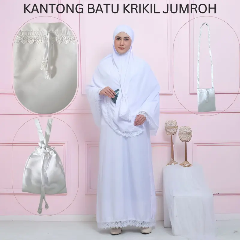 Perlengkapan pakaian Ihrom Paket Haji Dan Umroh Gamis Bergo Singlet Celana Sarung Tangan Tas Batu Jumroh 8