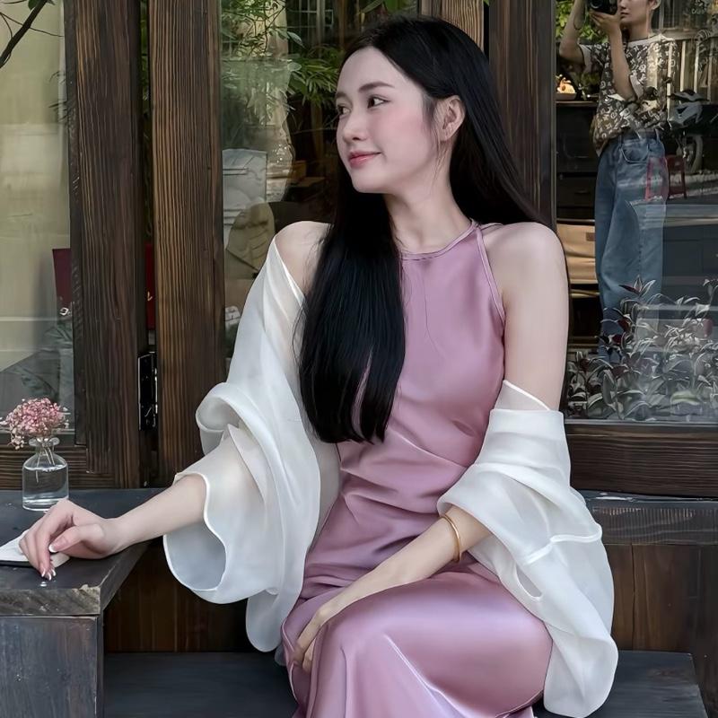  Áo Khoác Choàng Tơ Phụ Kiện Phối Đầm Lụa Freesize 