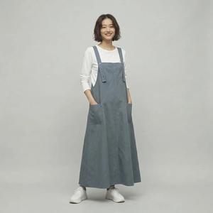 レディース 無地 ポケット付きスリット入りオーバーオールワンピース、カジュアルなノースリーブロングパニエワンピース（日常用）、春の装いに 春コーデ