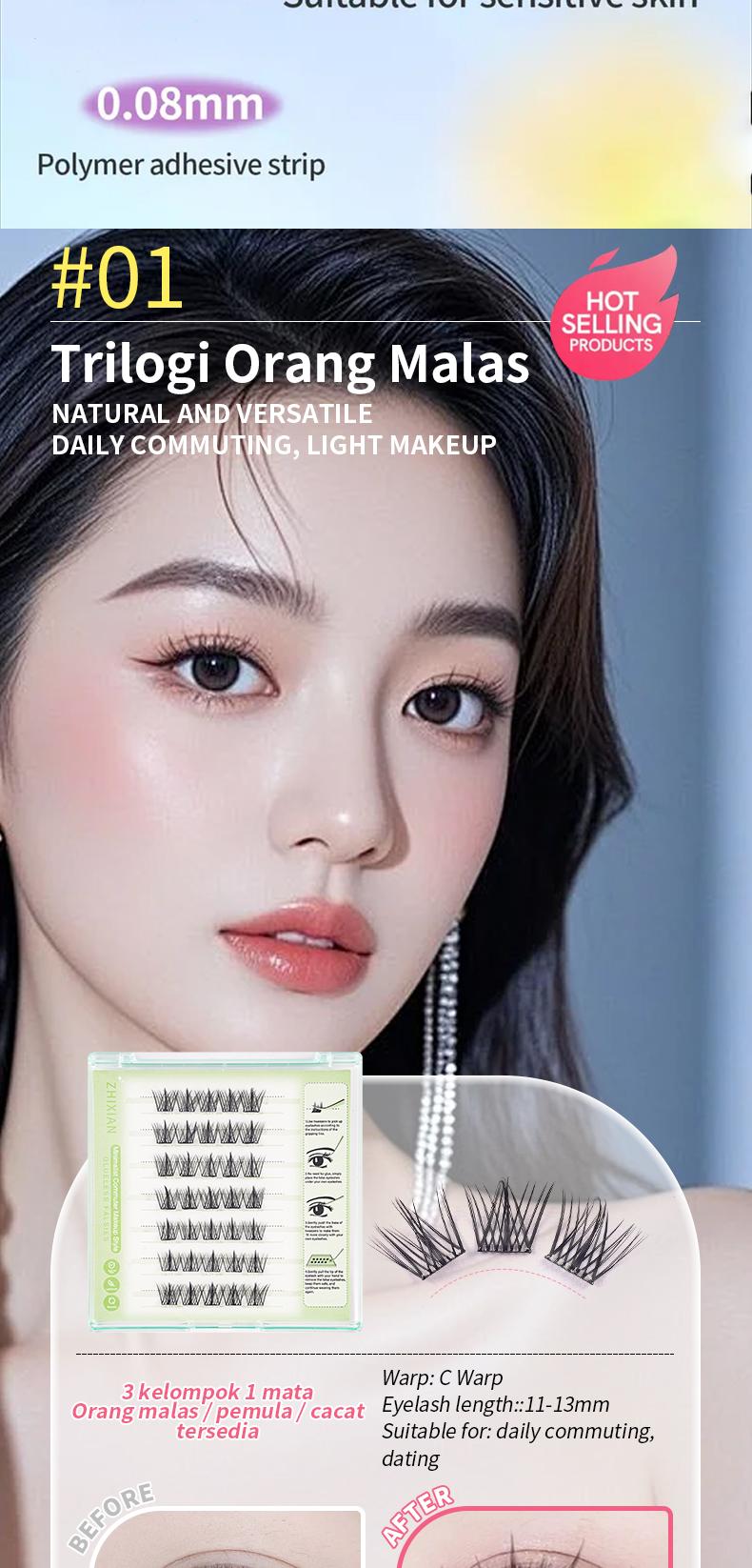 ZhiXian Bulumata palsu pemula bebas lem tidak perlu menggunakan lem bulu mata palsu dapat digunakan kembali Eyelash extension set C Curl False Eyelash Length 10-12 mm