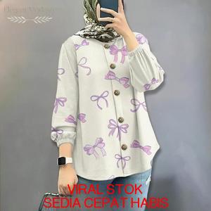 Kemeja Muslimah Corak 3D Ribbon Cantik Tren Lengan Panjang Saiz Besar S-5XL Gaya Korea Elegan Pakaian Santai Muslimah 2025 Inner Jubah Abaya Long Dress Super Soft and Comfort
