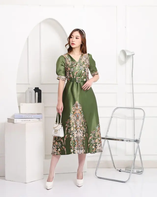 Emma.Butik E00195 Gaun Pesta Wanita Turkish Mewah Glamor Dress Natal Gereja Elegan Formal Pesta Motif Bunga V neck Cantik Kondangan 3