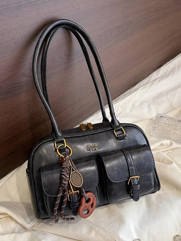 Women's Retro Solid Color PU Leather Shoulder Bag, Large Capacity Crossbody Bag with Detachable Accessory Charm, Casual Trendy Versatile High-quality Daily Commuting Bag 3