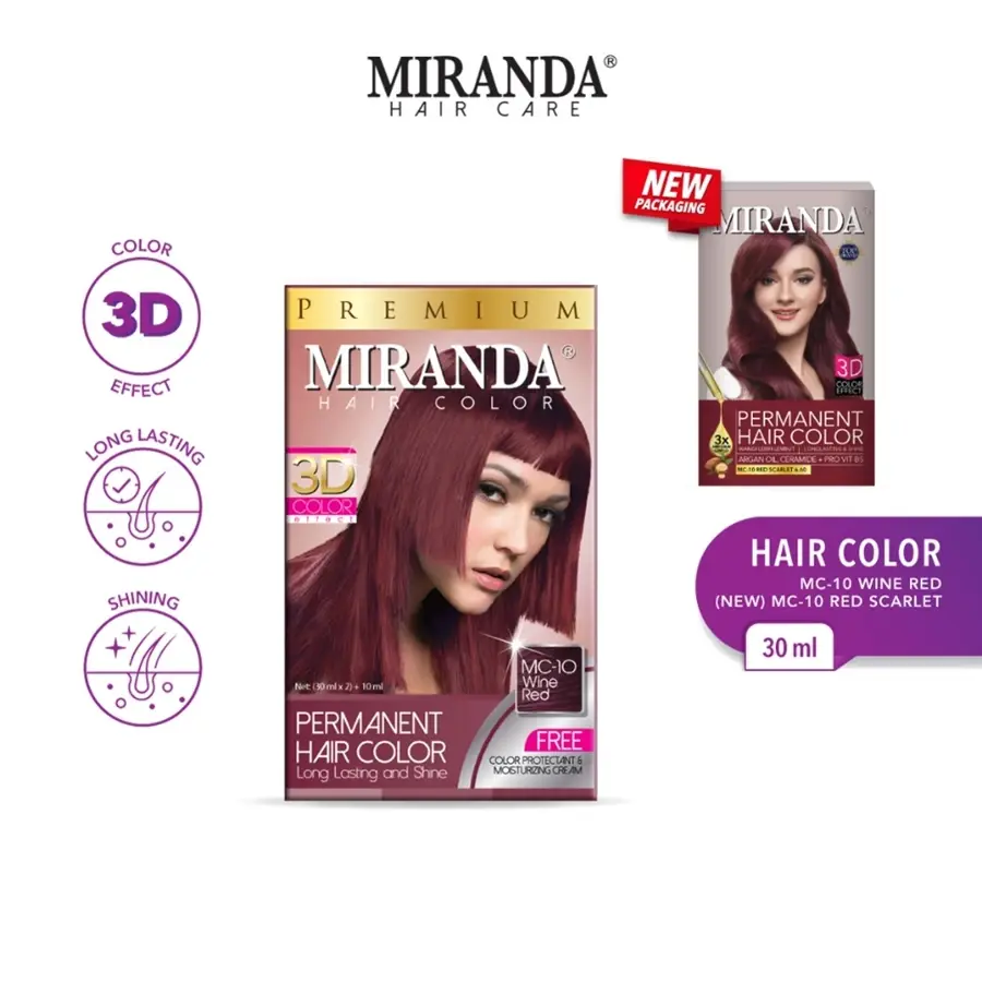 Miranda Hair Color (Cat Rambut Permanen) MC10 Wine Red 30ml Box Pewarna Dye Burgundy Lavender Blonde Almond