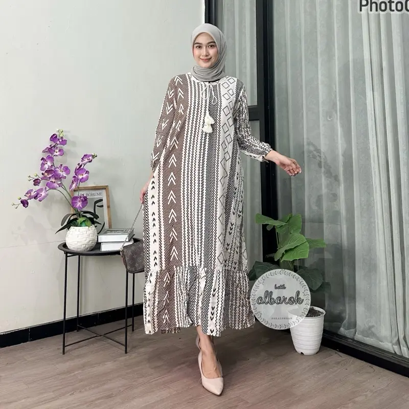 Dress Qonita panjang Ld 120 busui bahan rayon premium midi dress pb 130 motif salur etnik ada saku gamis katun rayon 0
