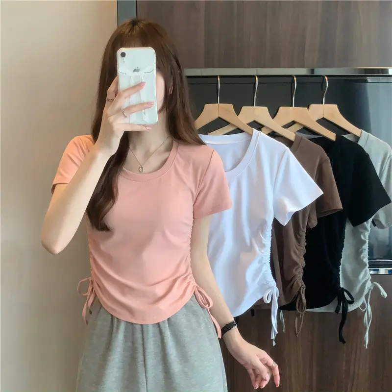 Áo Thun ngắn Tay Mỏng Dây Rút Cổ Tròn, Dành Cho Phụ Nữ, Bộ Sưu Tập Mùa Hè Mới 2023, Thiết Kế Hàn Quốc Độc Đáo, Phong Cách Sang Trọng Đơn Giản, Áo Mỏng Hợp Xu hướng