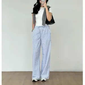 MidSop - Celana Panjang Wanita Kekinian - Celana Garis Garis Wanita Highwaist Terbaru - Kulot Strip Pants Katun Hitam