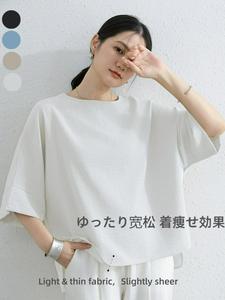 レディース カジュアル ゆったり 半袖 コットンリネンTシャツ、パッチワーク袖、無地、ラウンドネック、新作