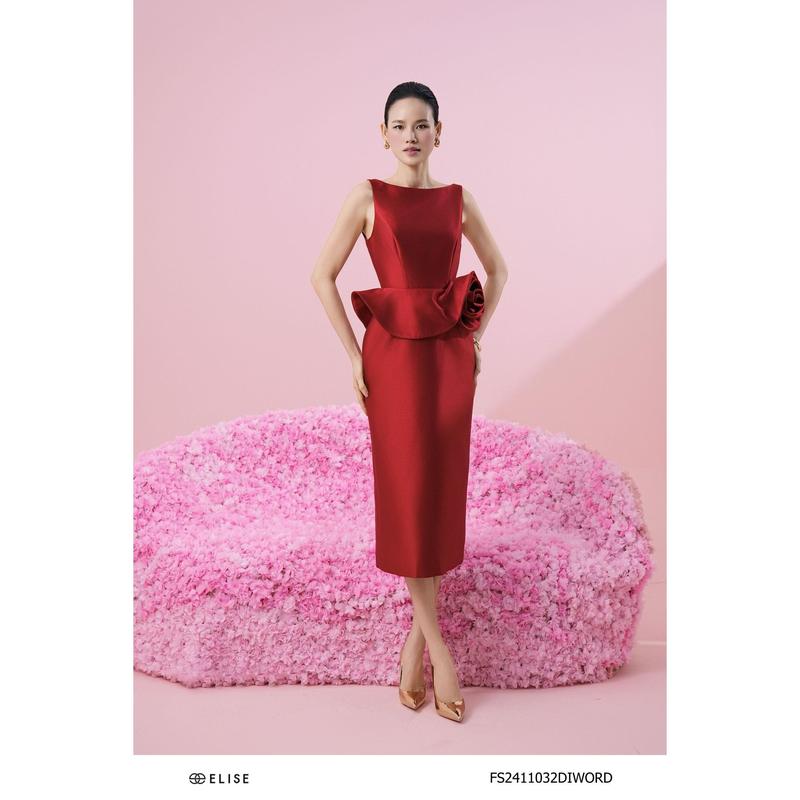  Đầm tafta đỏ eo peplum cuốn hoa thiết kế Elise O2O mã FS2411032DIWORD 