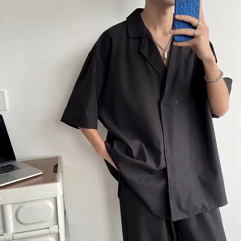 Menswear  Clothing Summer loose shirt short-sleeved shirt men's handsome black trend thin unisex top