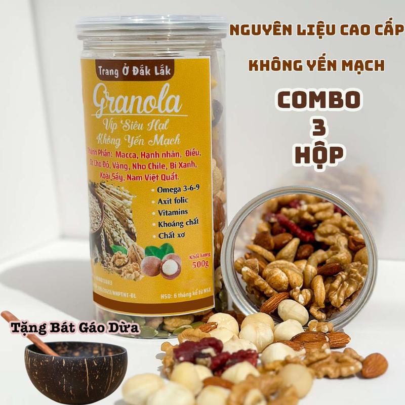 Combo 3 Hộp Granola Không Yến Mạch Tặng Bộ Bát Gáo Dừa Food Thức Ăn Hạt Ngũ Cốc ngũ cốc ăn sáng ngũ cốc & yến mạch