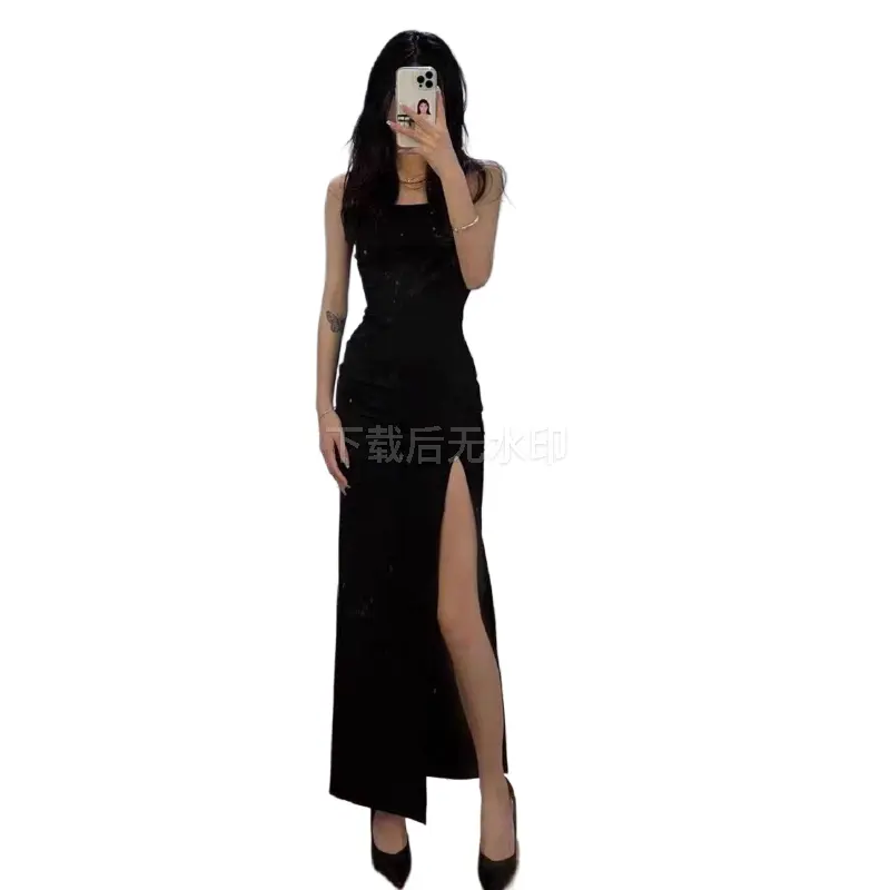 Váy Hai Dây Mảnh Hông Xẻ Tà Màu Đen, Dành Cho Phụ Nữ, Dài Đến Eo, Bó Sát, Phong Cách Dễ Thương Và Gợi Cảm,Phong Cách Cô Gái,  Women Dress Khuy giặt bằng nước lạnh vay  mactet m [khuyến nghị 50.00k túi đỏ hồng ắc bn hoa vintage  dress đầm  body