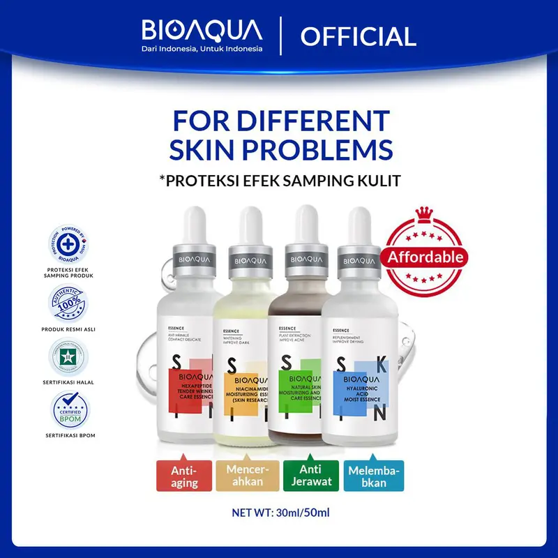 【BPOM】BIOAQUA Niacinamide Essence mencerahkan wajah glowing brightening Serum &Hexapeptide Tender Wrinkle Care Essence&Natural Skin Moisturizing And Acne Care Essence untuk jerawat & Hyaluronic Acid Moist hydrating serum Essence 30ml 0