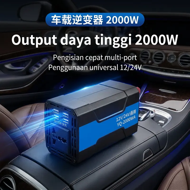 Inverter Daya 2000W Multifungsi untuk Kendaraan 12V 24V Adaptor Mobil dengan 4 Port USB Cepat dan Stopkontak AC Universal