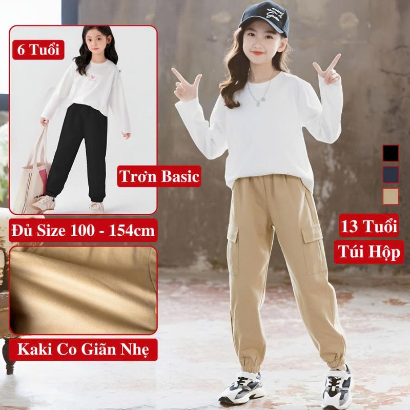  Quần Dài Jogger Kaki Cho Bé Gái KooKoo Phom Túi hộp Và Trơn Cạp Chun Bo Gấu Vải Mềm Co Giãn Nhẹ 