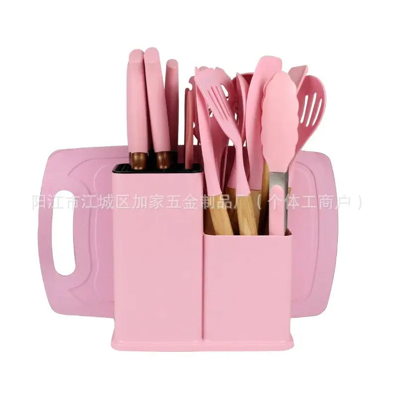 Conjunto de 19 utensílios de cozinha de silicone antiaderente, incluindo espátula, concha para sopa e jogo de facas com cepo. - 10