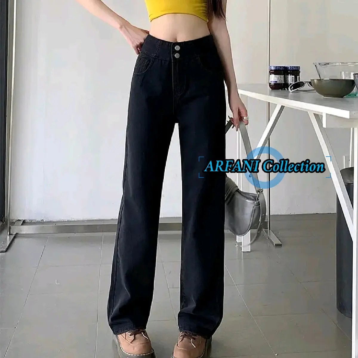 Arfani Collection J23 Celana Panjang Highwaist Kulot Silang Jeans Wanita Double Button 2 Kancing Stretch