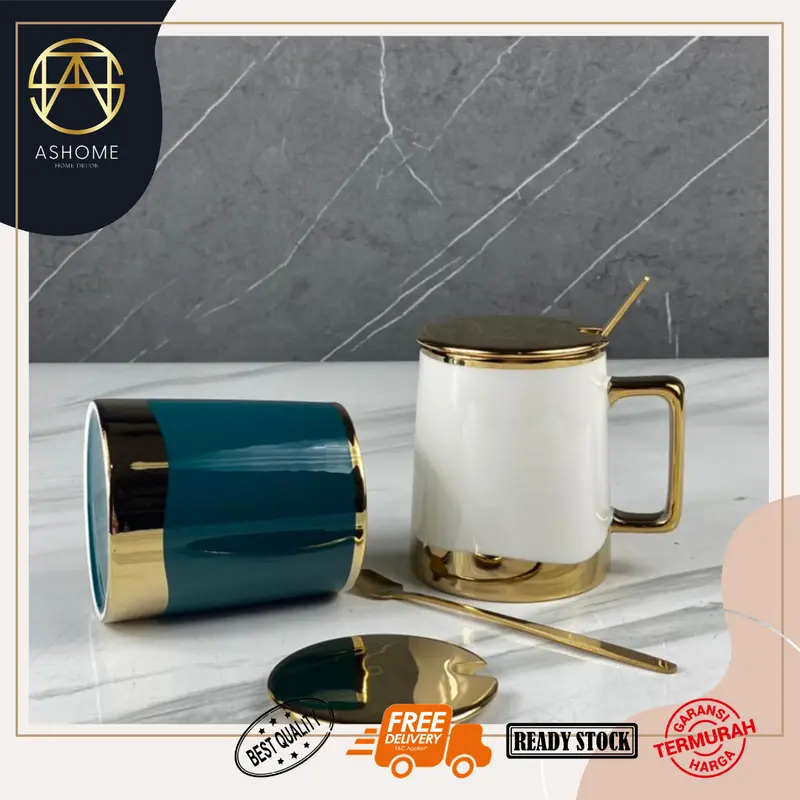 ASHOME Gelas Minum Set Keramik List Gold Dengan Tutup Gelas Emas & Sendok Gold / Ceramic Mug Set With Cup Lid Gold Elegant / Gelas Keramik Mewah / Gelas Minum Keramik / Gelas Gold / Gelas Set Keramik Mewah Elegan 4