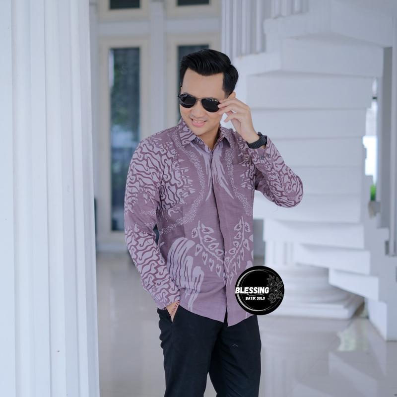 Product Introduction of Kemeja batik pria slim fit premium lengan panjang bahan katun lapis furing warna ungu taro, baju batik atasan pria original formal Hem Motif Nyaman 2