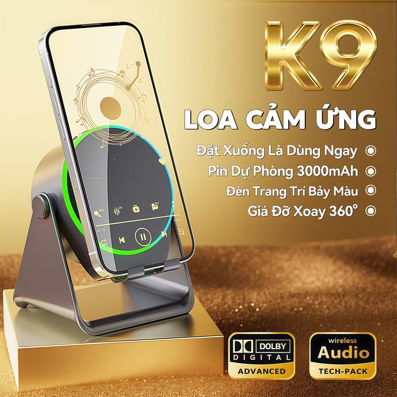 K9 Loa Cảm Ứng Không Dây (4 trong 1) Chân Đế Đa Chức Năng+ Âm thanh cảm ứng/Bluetooth Loa+ Sạc Dự Phòng+ Đèn ambient, Pin lớn 3000mAh, Kết N