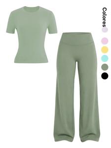 Conjunto deportivo para mujer de dos piezas: camiseta de manga corta con cuello redondo y alta elasticidad, pantalón de cintura alta con control abdominal; suave y transpirable, ideal para yoga y gimnasio.