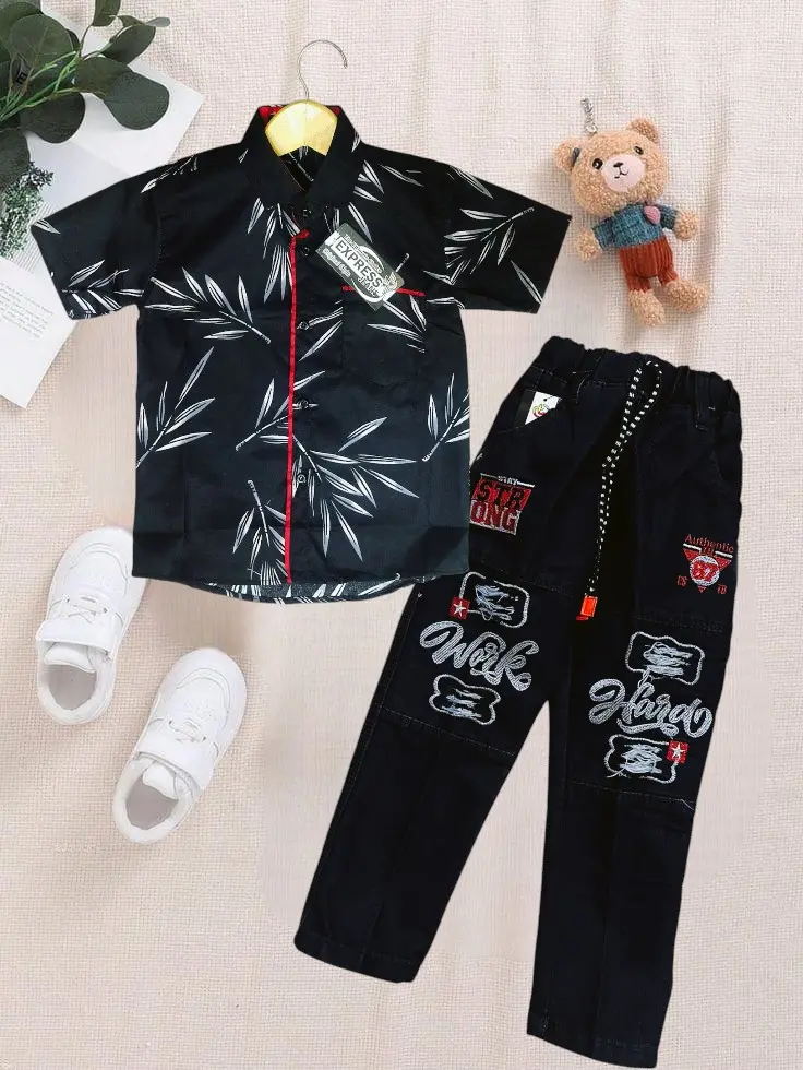 Setelan Kemeja Bermotif Celana Denim Hitam Sobek Panjang Usia Anak 1-12 Tahun