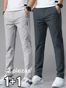 Paquete de 2 pantalones para hombre de verano, estilo casual de negocios, corte entallado con pierna recta y largo completo, pantalones deportivos para casa elásticos y a la moda, transpirables y cómodos para uso diario.