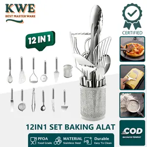 KWE 12IN1 Set Baking Alat Membuat Kue Stainless Steel – 12PCS Alat Masak & Baking Multifungsi Spatula, Pengocok Telur, Pemotong Pizza, Penghancur Kentang