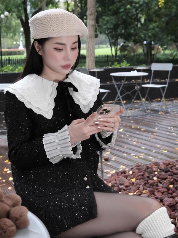 Áo khoác nữ áo dạ đen áo dạ blinh kim sa siêu xinh tay li phối cổ ren trắng cao cấp shop HN DESIGN