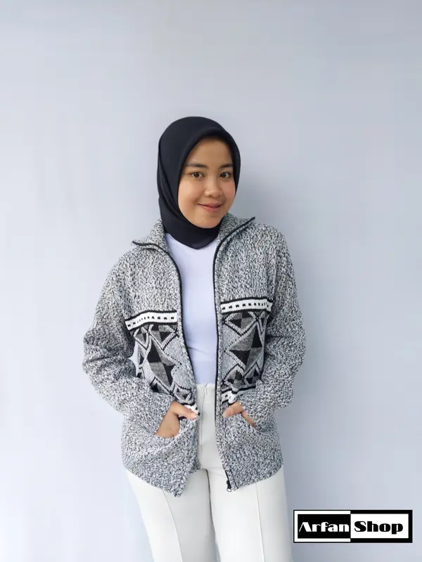 Jaket Rajut Resleting Leher Tinggi Tebal Premium Pria Wanita | Sweater Knit Zipper Turtleneck Motif Saku | Knitwear Baju Hangat Ibu 0