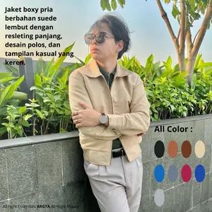 ARGTA Jaket Boxy Pria Suede Jaket Work Boxy Zipper Panjang Polos Pria Kasual Suede Lembut Keren Bahan Suede 100% Cotton Resleting YKK Kain Kaos Lembut Cocok Untuk Semua Kegiatan