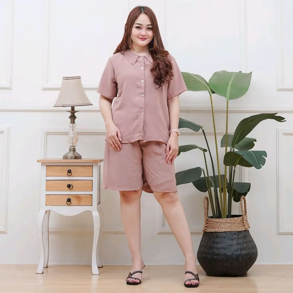 One Set Kancing Pendek Crinkle Airflow Premium Setelan Wanita Santai Kekinian